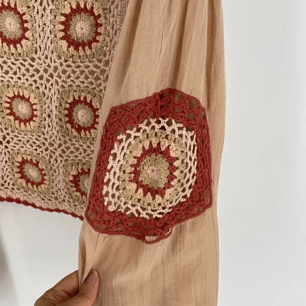 Zara Granny Square Crochet Medallion Front Full Sleeve Cropped Blouse Beige M - Picture 9 of 11